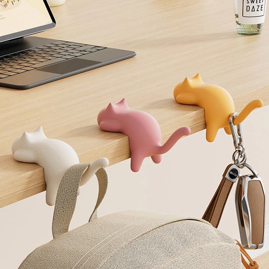 Cat Shaped No Trace Hooks, Holder for Bag/Purse/Pencil Case on Desk/Table