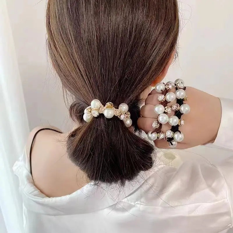 3Pcs Pearl Brimmed Hair Tie Rhinestone Decor