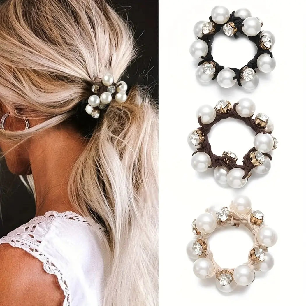 3Pcs Pearl Brimmed Hair Tie Rhinestone Decor