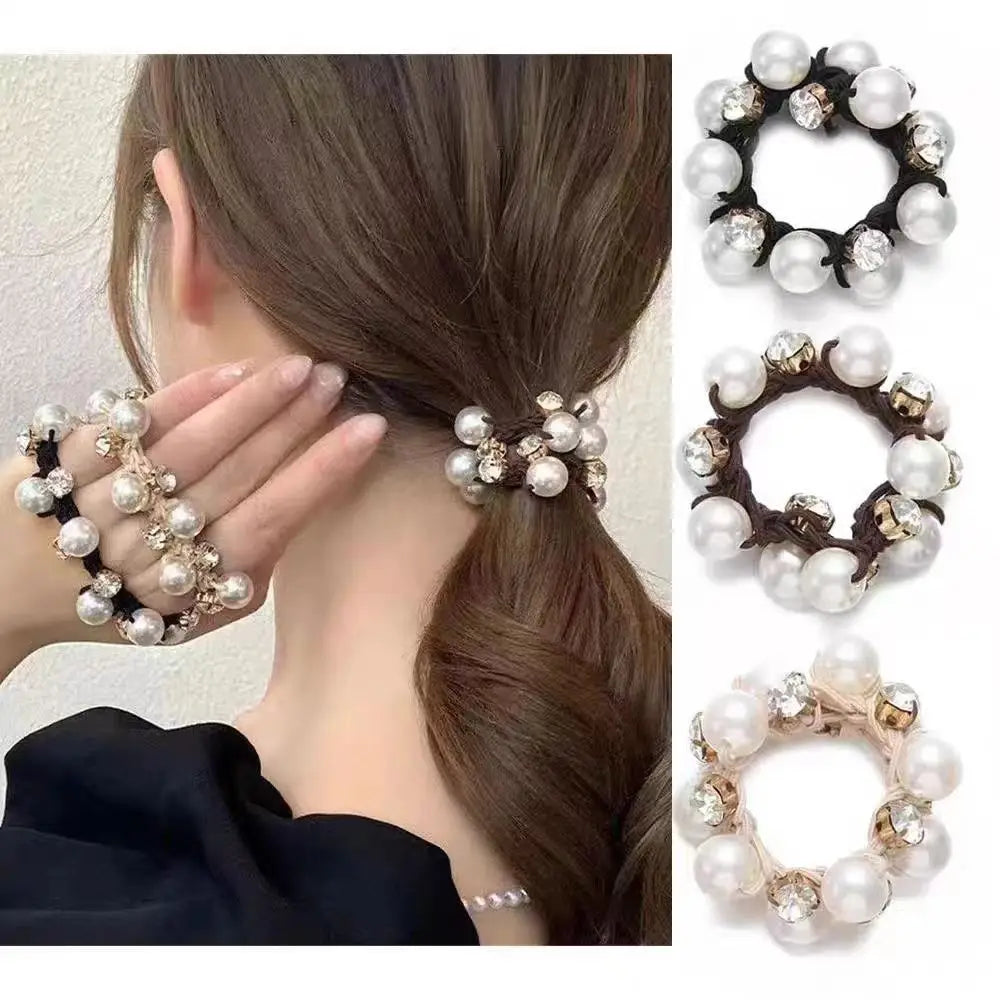3Pcs Pearl Brimmed Hair Tie Rhinestone Decor