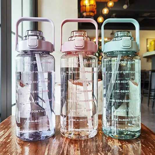 2 Liters Plastic Large Portable Travel Water Bottle with Straw
