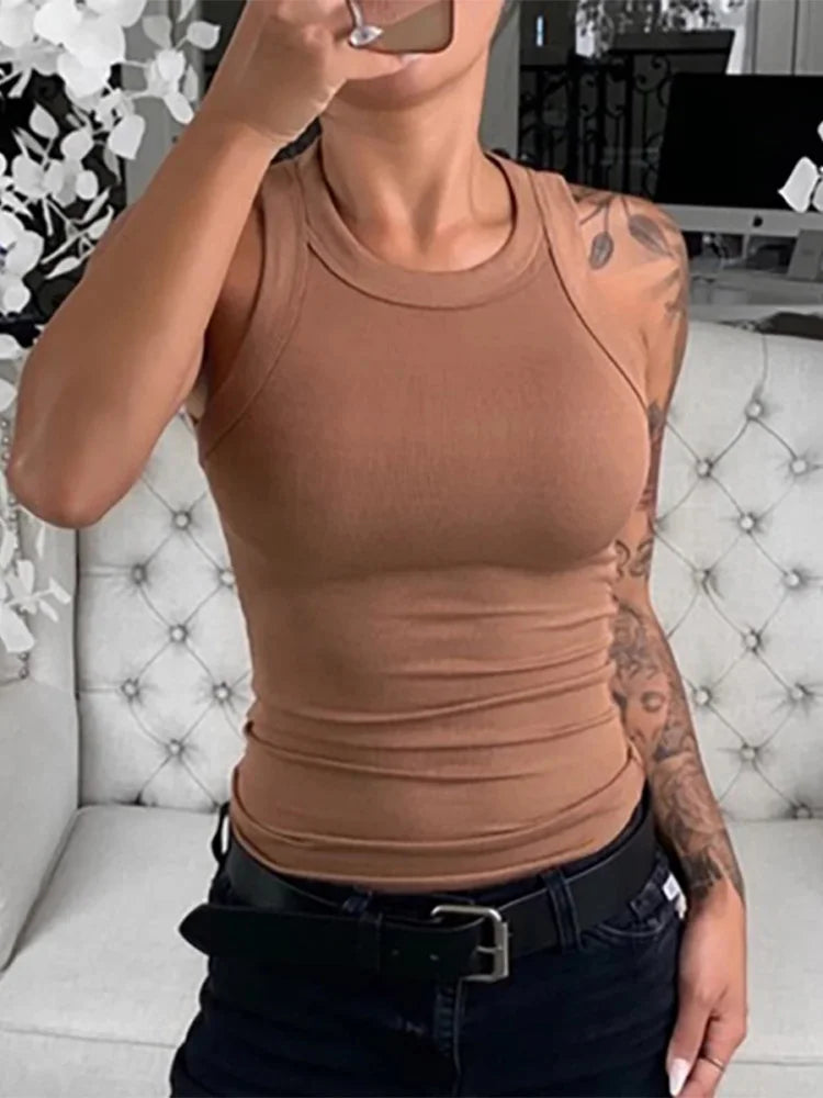 Women Round Neck Ribbed Tank